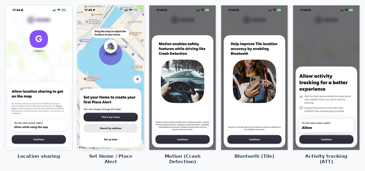 Permission priming screens: location sharing, Set Home place alert, motion for Crash Detection, Bluetooth for Tile, and activity tracking for ad personalization