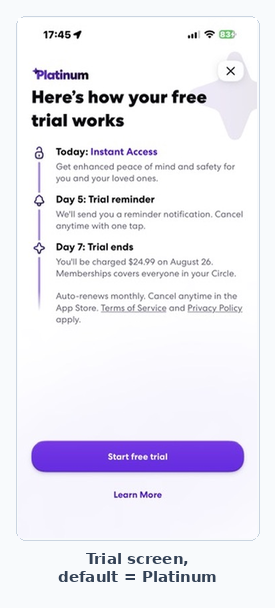Trial screen shown at the end of onboarding, defaulting to Platinum at $24.99/month