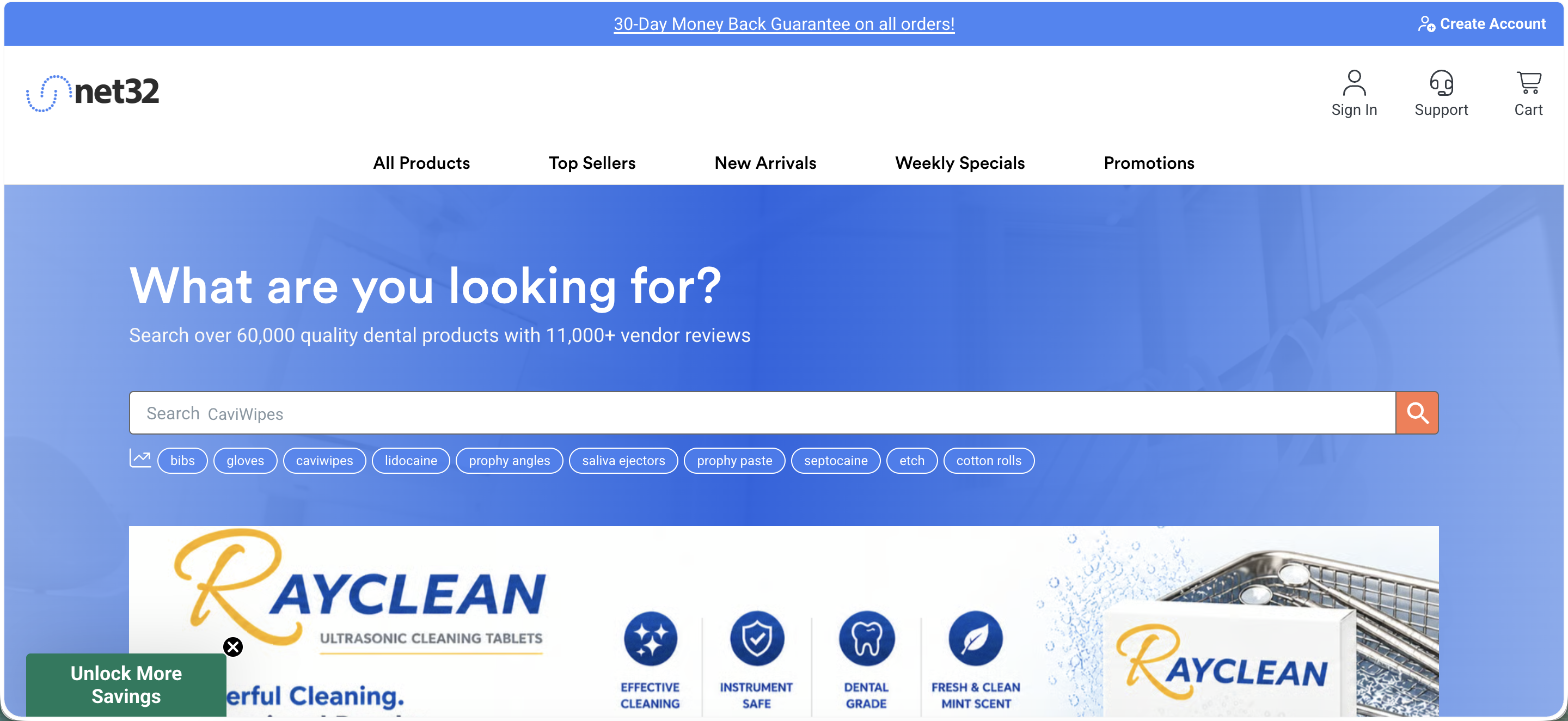 Net32 homepage hero: 'What are you looking for?' search bar with popular tags, and the start of a RAYCLEAN promotional banner.