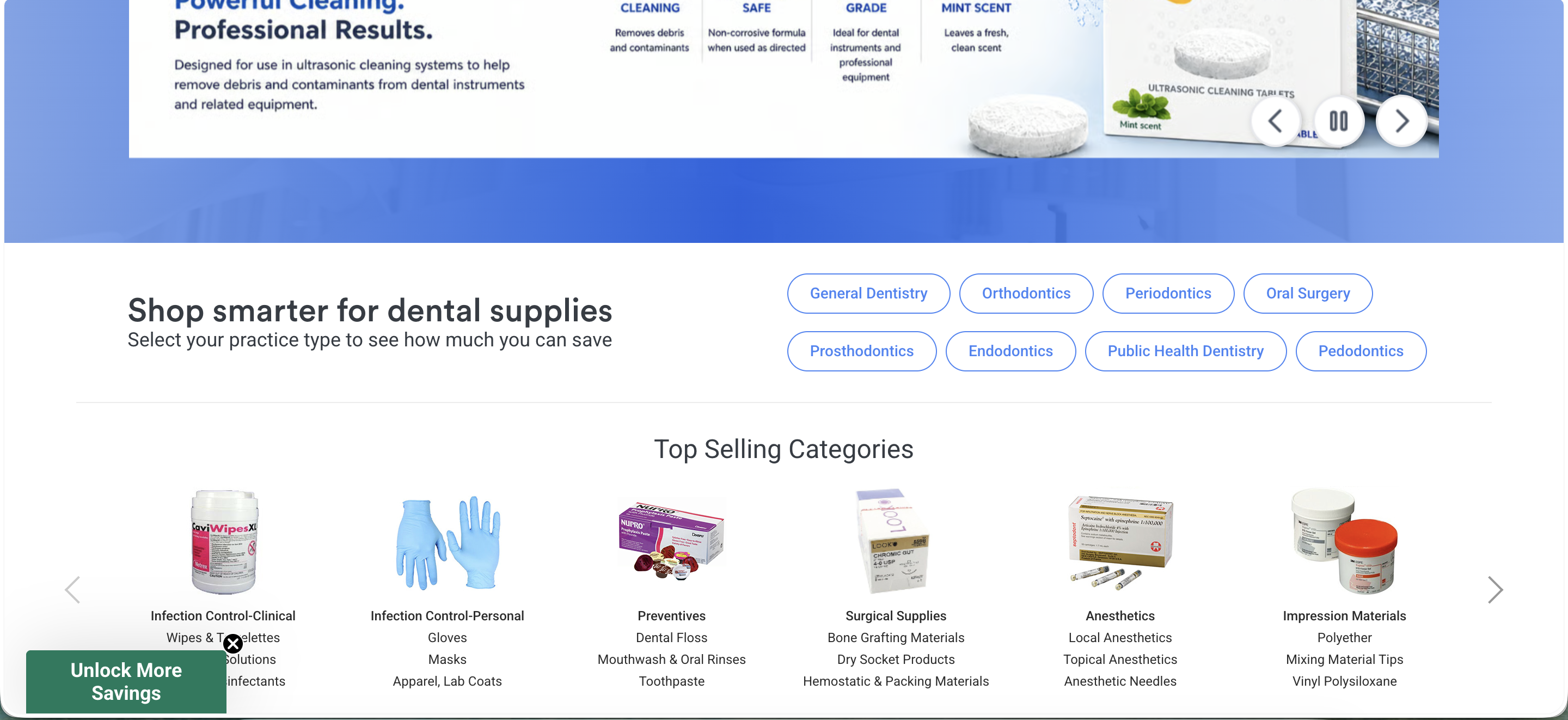 Net32 homepage: end of the RAYCLEAN banner, 'Shop smarter for dental supplies' practice-type selector, and Top Selling Categories row.