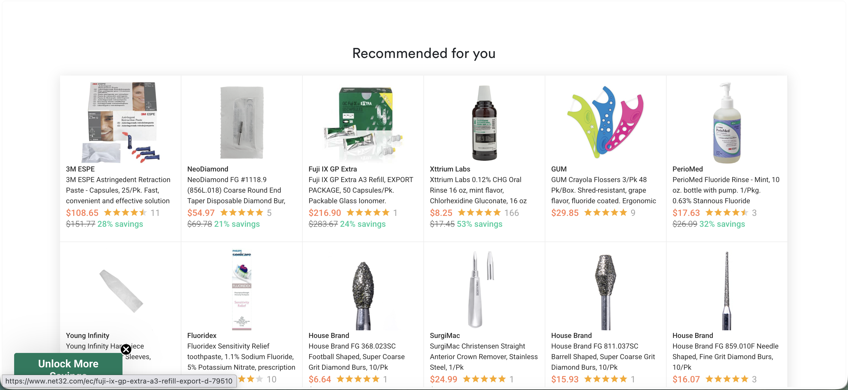 Net32 homepage 'Recommended for you' product grid, showing individual SKUs with price, star rating, review count, and percent savings.
