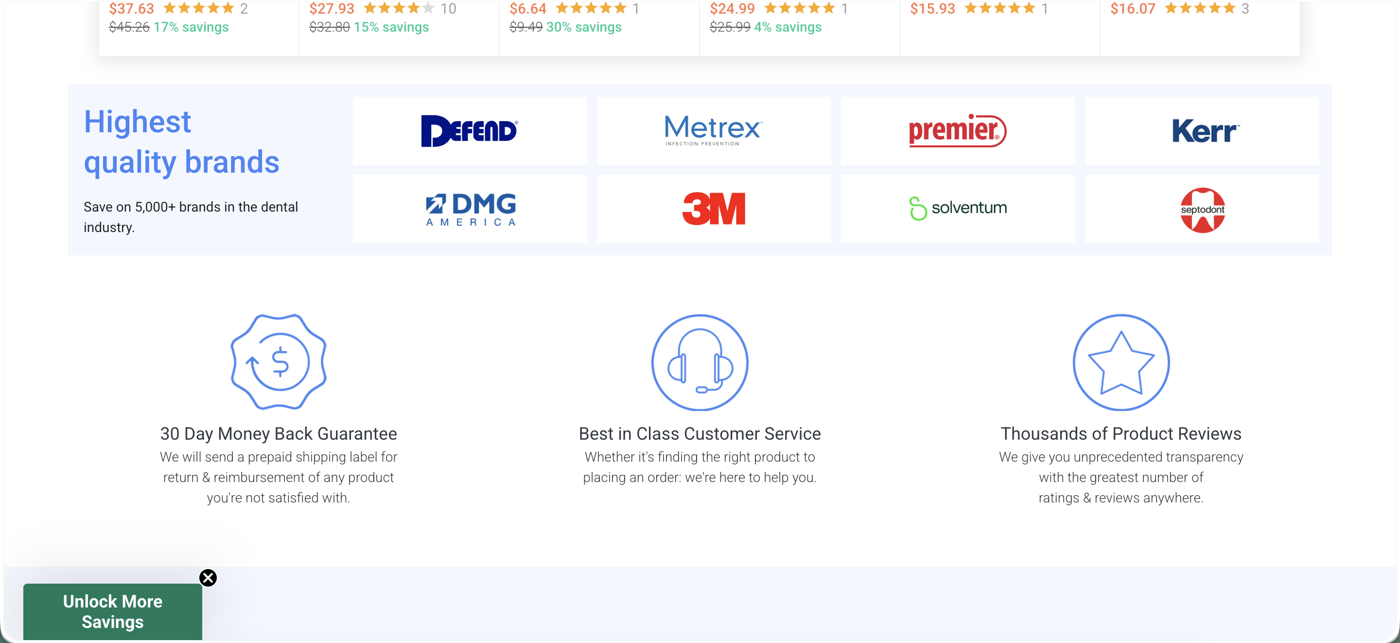 Net32 homepage: end of the recommended products grid, 'Highest quality brands' logo row, and a 30-day guarantee / customer service / product reviews trust row.