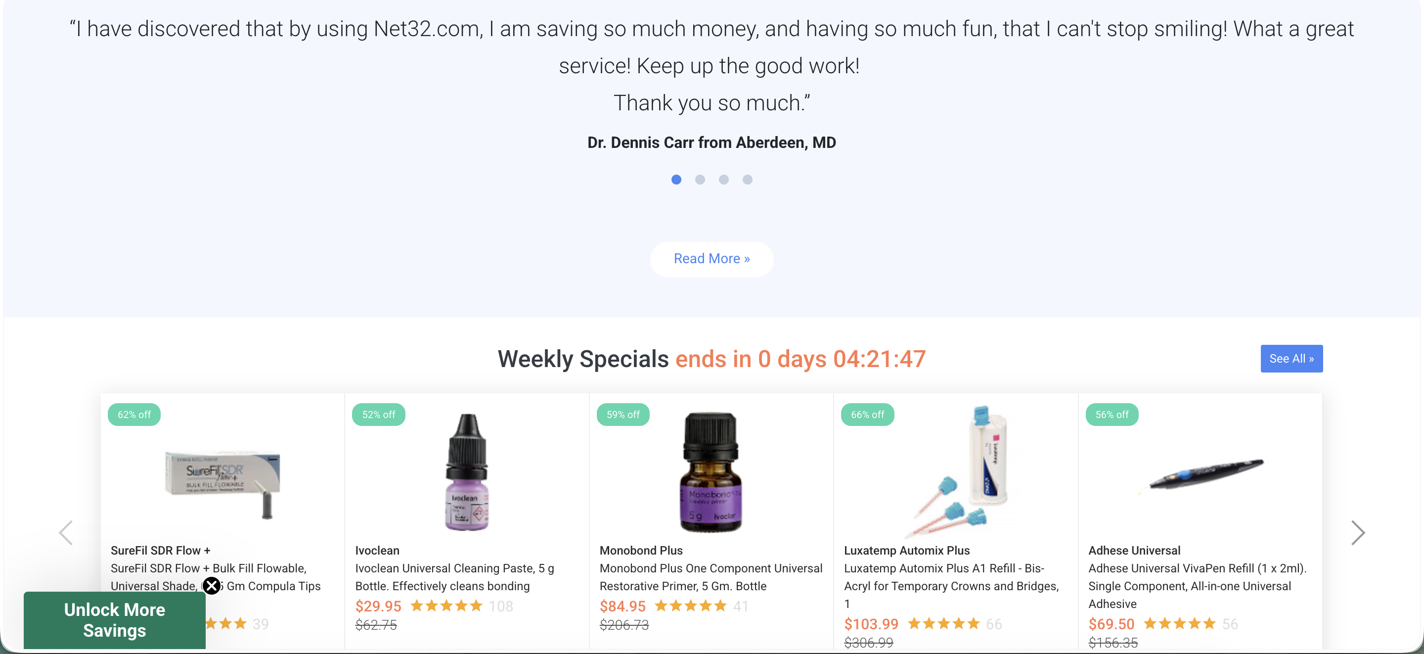 Net32 homepage customer testimonial quote from Dr. Dennis Carr, followed by the start of a Weekly Specials product carousel with a countdown timer.