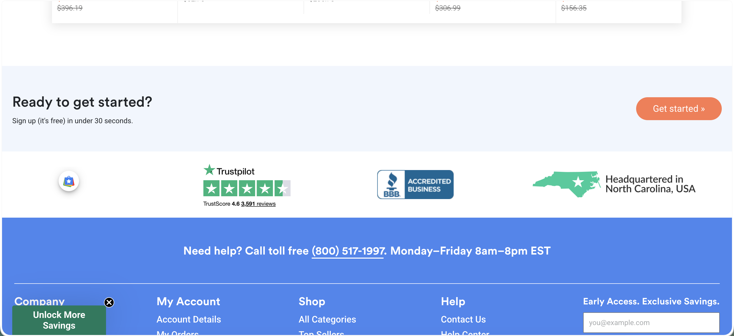 Net32 homepage: end of Weekly Specials, a 'Ready to get started?' signup CTA, and a Trustpilot / BBB / North Carolina HQ trust badge row.