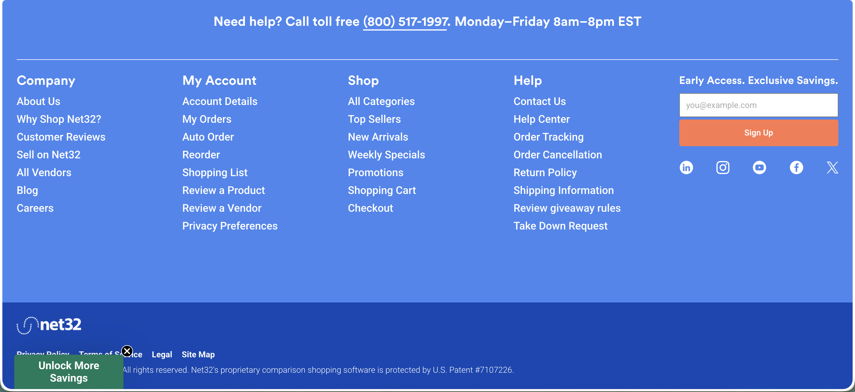 Net32 homepage footer with Company, My Account, Shop, and Help link columns, a newsletter signup, social icons, and a patent notice for Net32's comparison shopping software.