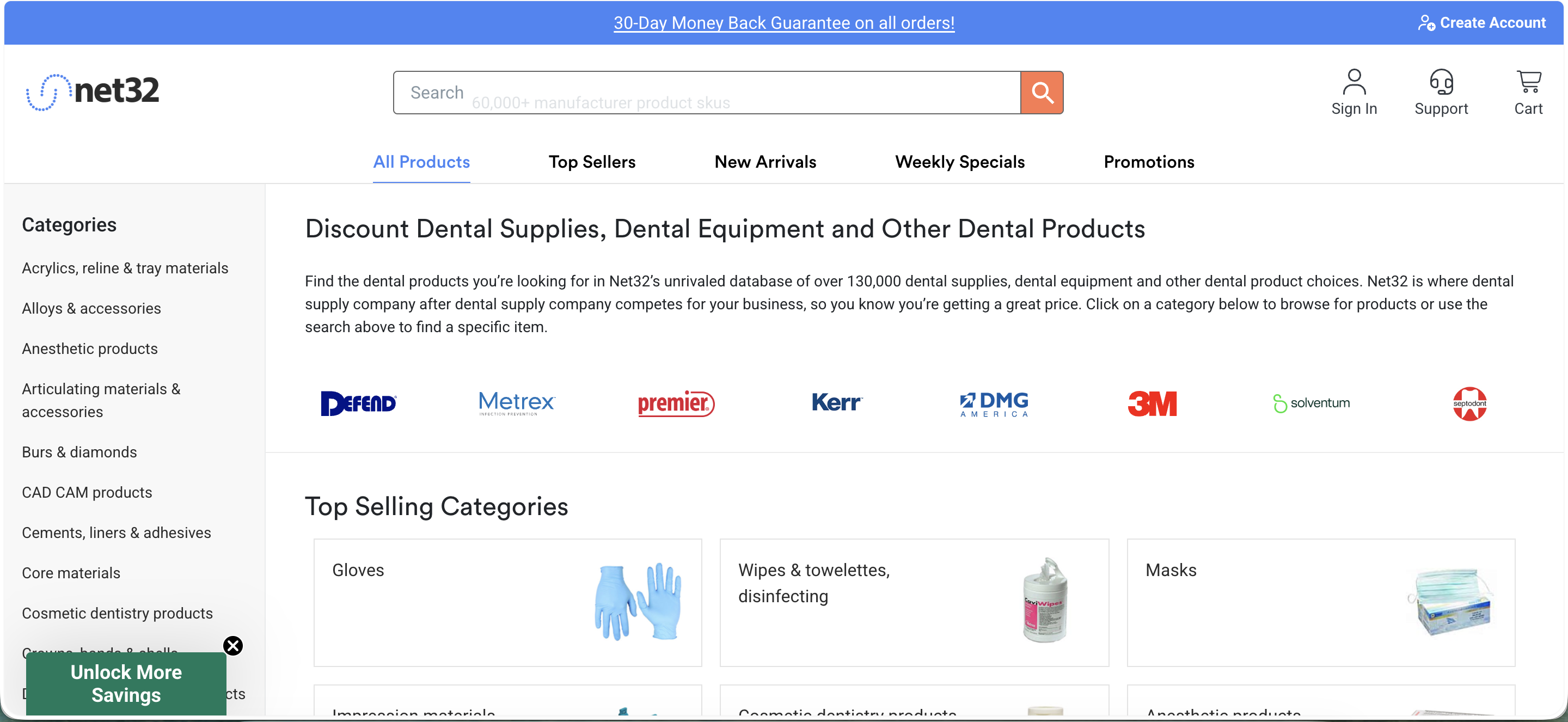 Net32 'All Products' tab, showing a category sidebar, a brand-logo row, and a Top Selling Categories grid.