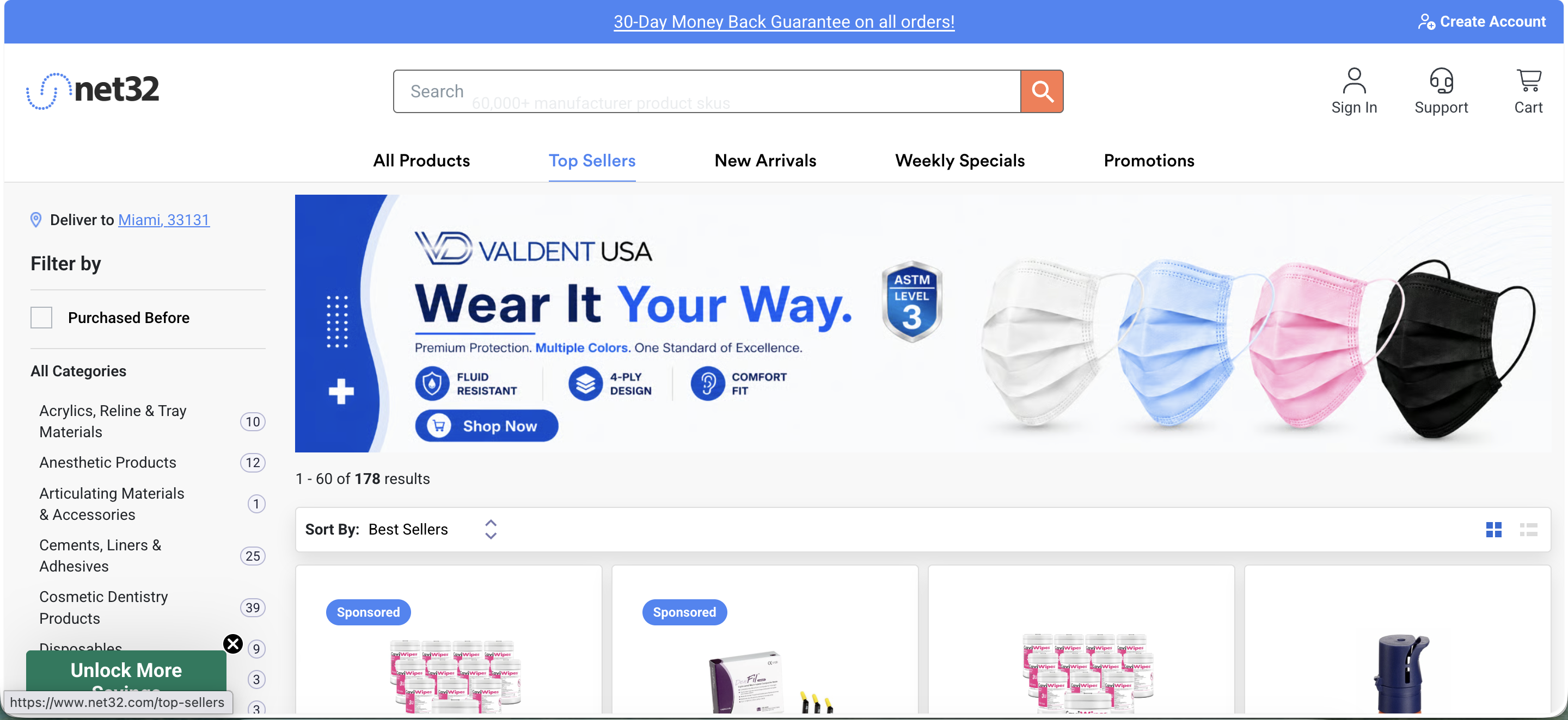 Net32 'Top Sellers' tab, showing a delivery-location indicator, category filters with product counts, a vendor banner ad, and 178 sponsored and organic results.
