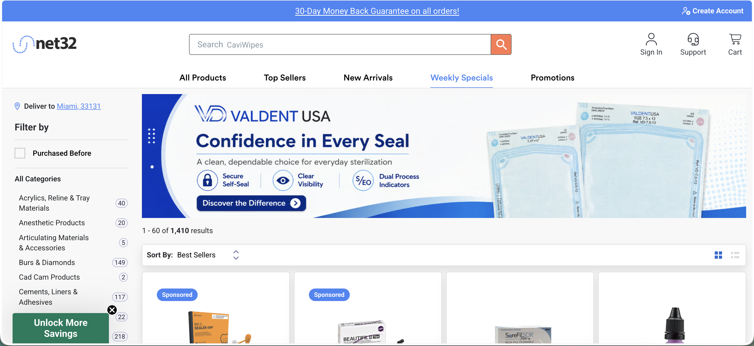 Net32 'Weekly Specials' tab, showing a Valdent USA banner and 1,410 results sorted by Best Sellers.