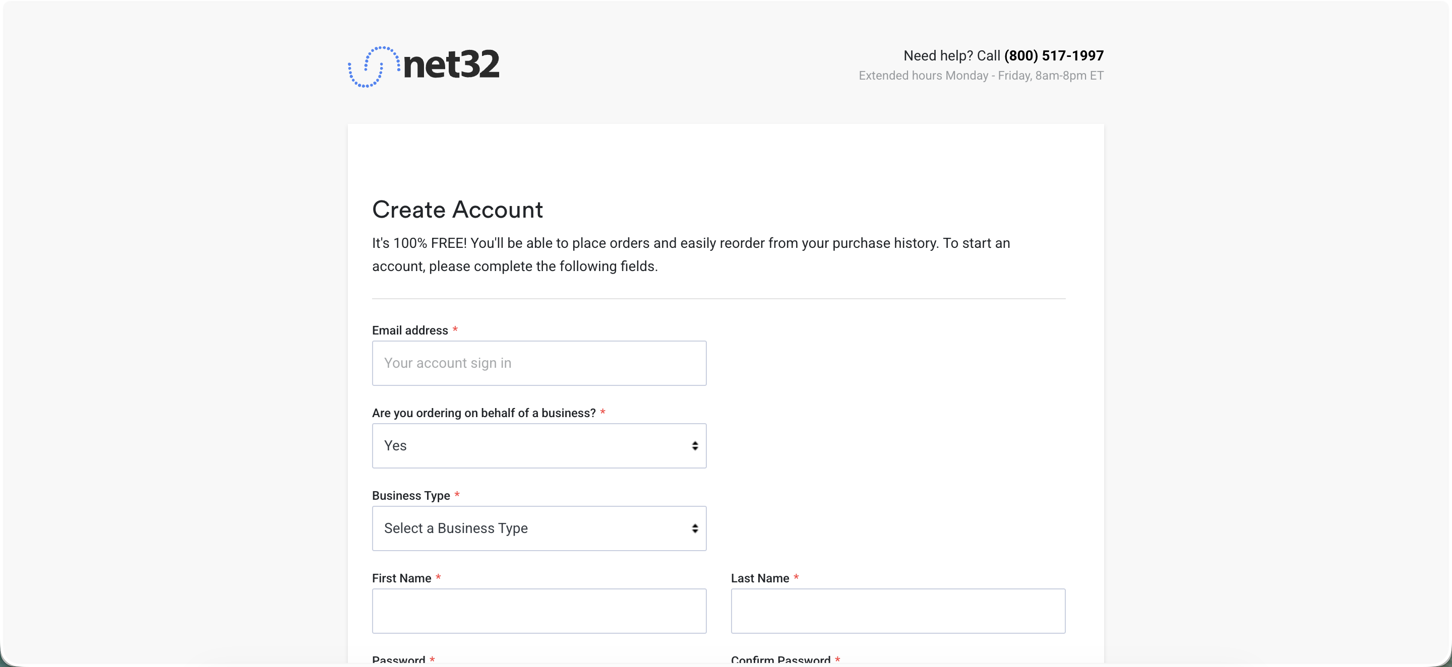 Net32 Create Account page with fields for email, whether the buyer is ordering on behalf of a business, business type, first and last name, and password.