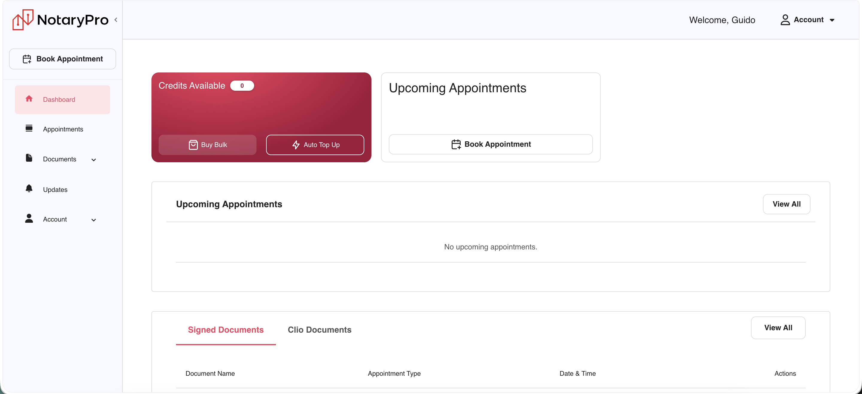 Client Workspace home, hosted at /tenant (not /dashboard or /business as the URL pattern might suggest). Credits Available (0), Buy Bulk / Auto Top Up, Upcoming Appointments, Book Appointment CTA.