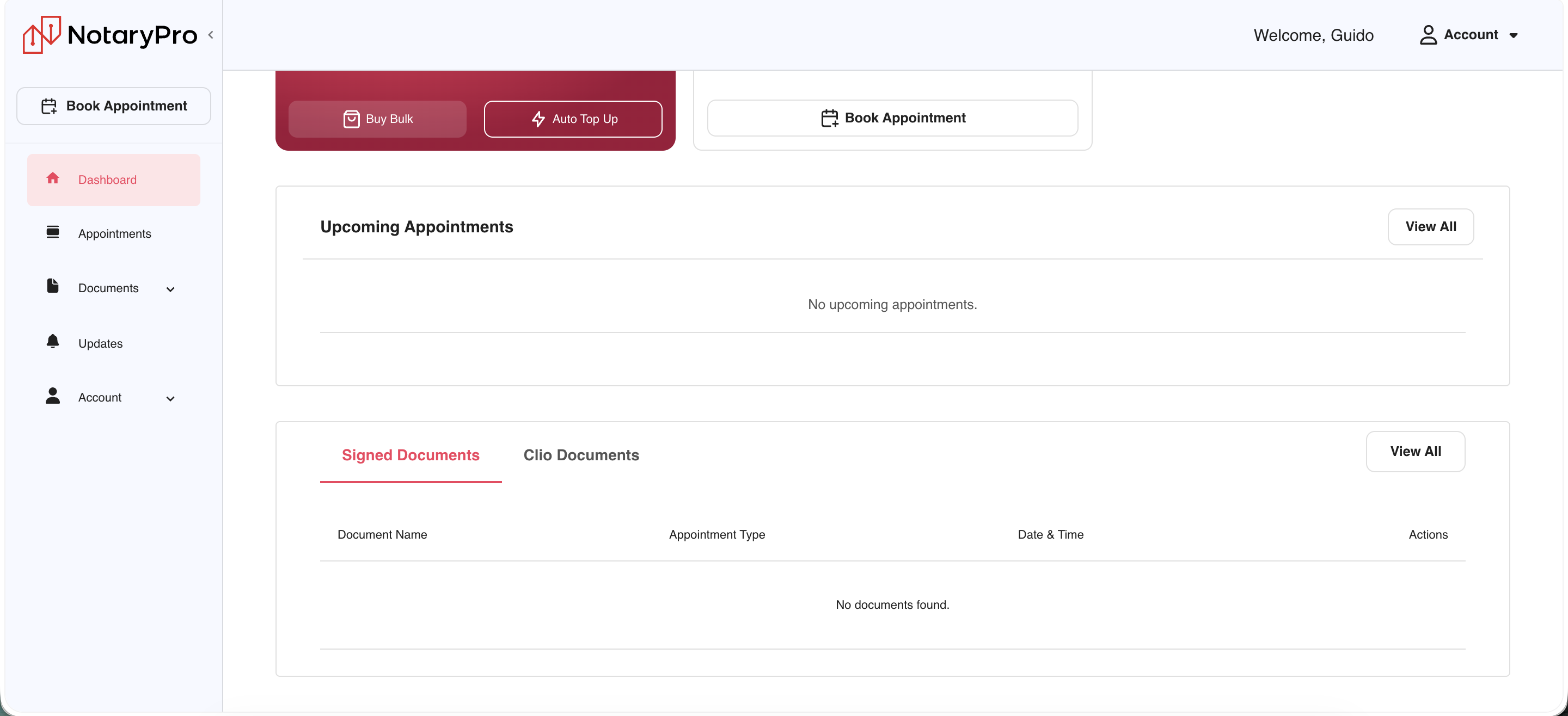 Dashboard scrolled down: Upcoming Appointments list (empty state), Signed Documents / Clio Documents tabs.