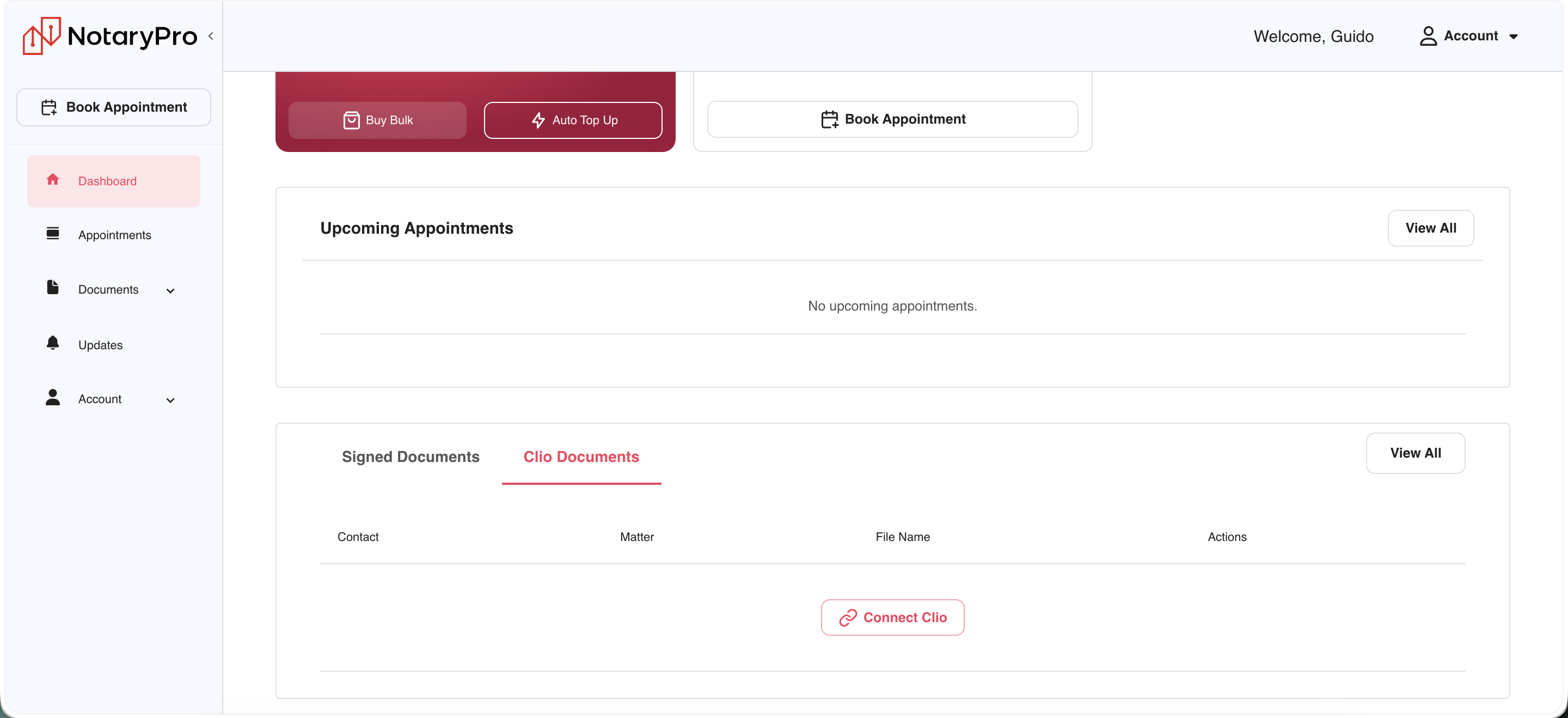 Clio Documents tab: Contact / Matter / File Name / Actions columns, empty state with a Connect Clio CTA — confirms the Clio integration is opt-in, not pre-wired.