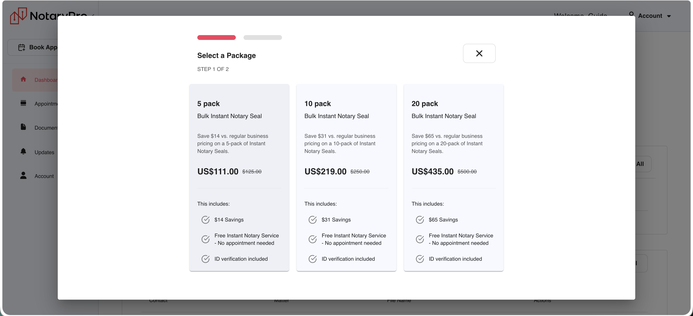 Buy Bulk modal: 5/10/20-pack Instant Notary Seal bundles, $111/$219/$435 vs. $125/$250/$500 list, framed as 