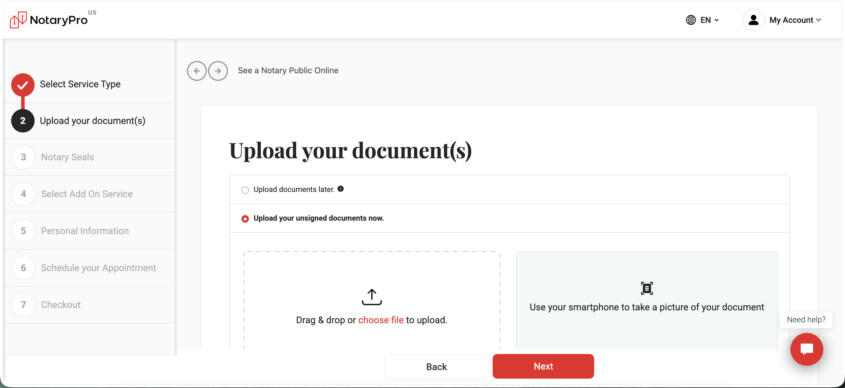 Step 2, Upload your document(s): drag & drop or smartphone photo capture, upload-later option.