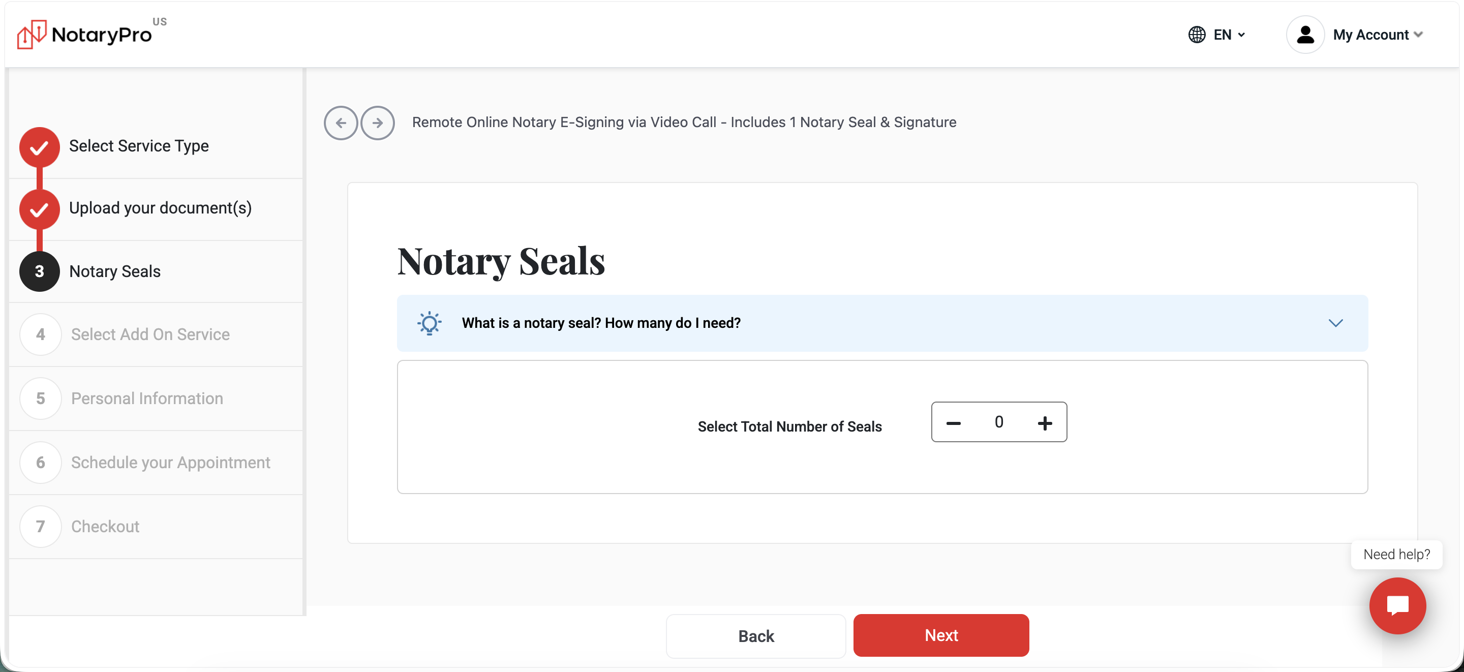 Step 3, Notary Seals: quantity selector, starts at 0, with an explainer accordion — unlike the flat $25/seal B2C flow, seals are bought as a separate line item here.