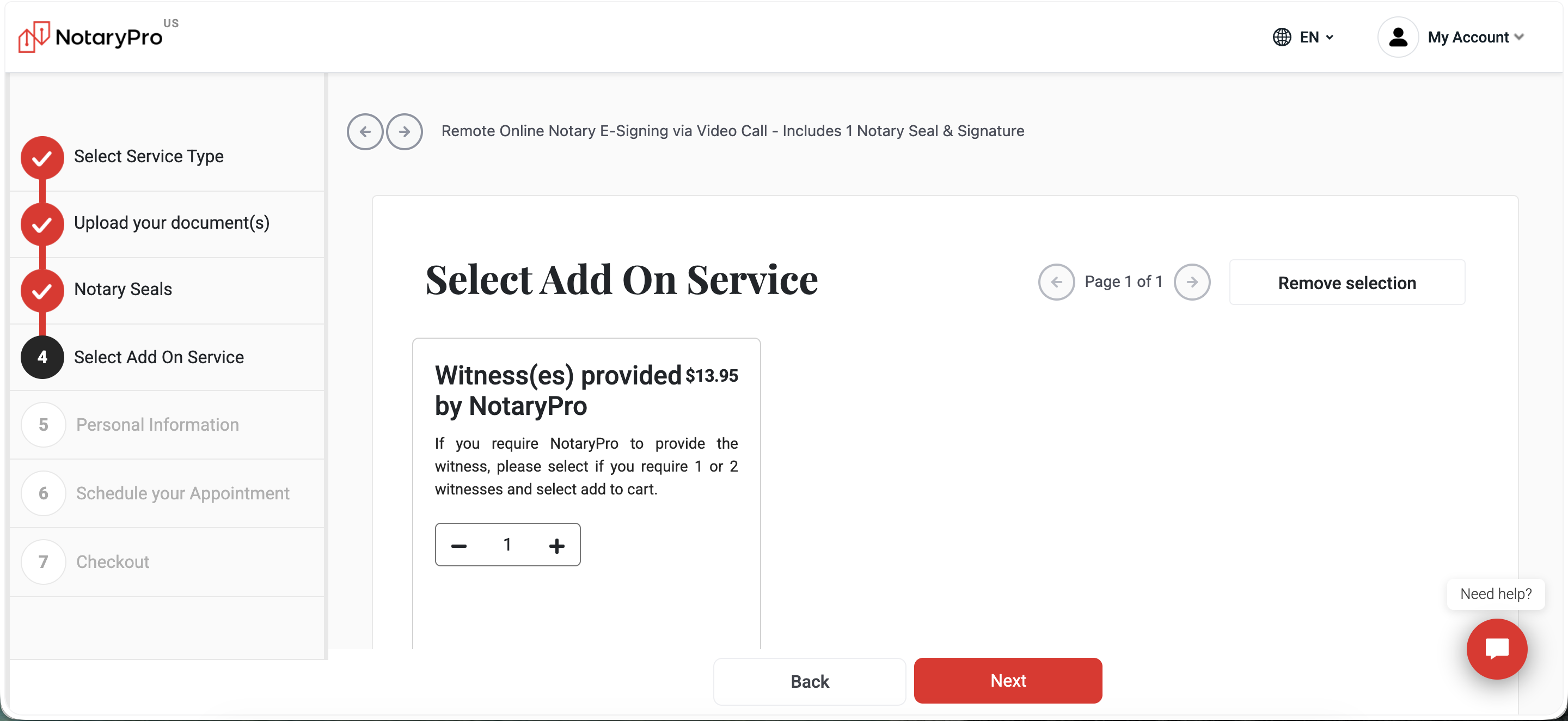 Step 4, Select Add On Service: Witness(es) provided by NotaryPro, $13.95, quantity 1 or 2 — the on-demand witness feature flagged as a gap vs. Proof/NotaryCam in the competitor analysis is present here, just not on the B2C site.