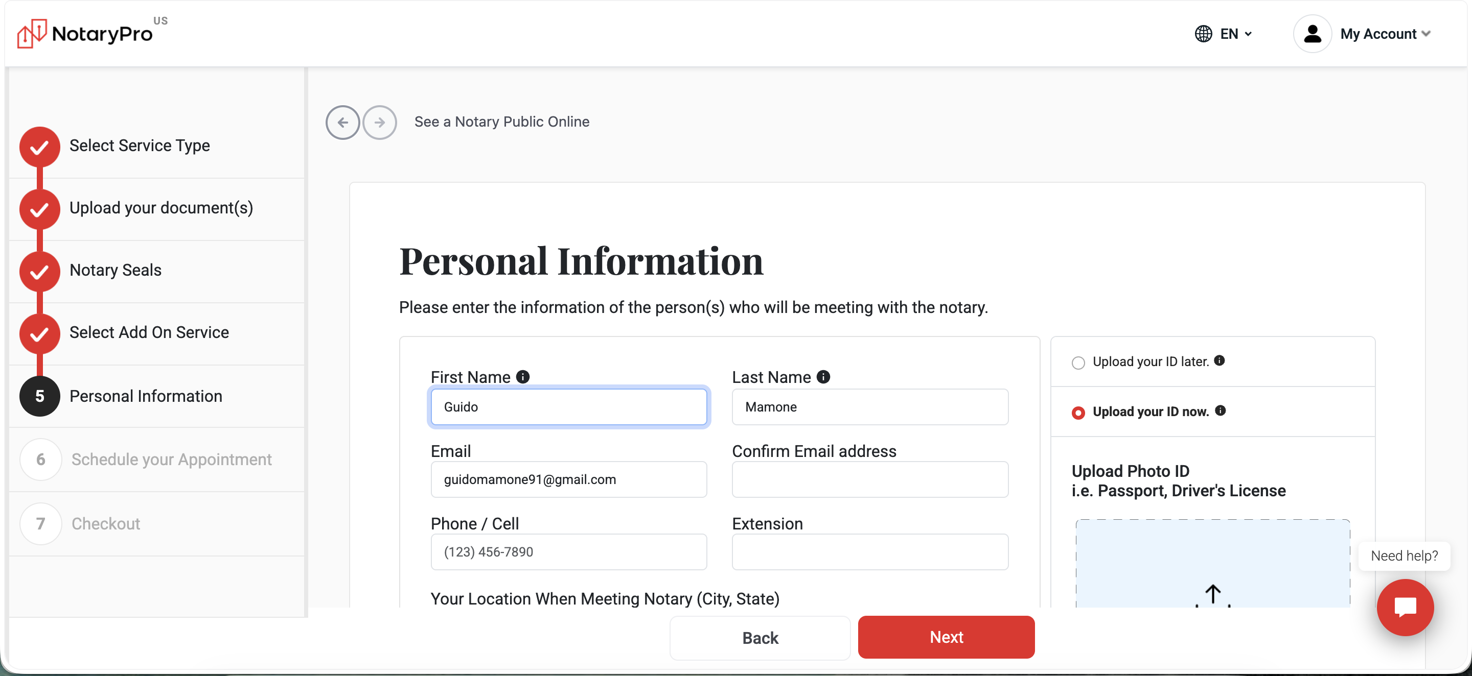 Step 5, Personal Information: signer details plus an Upload Photo ID panel (later vs. now toggle).