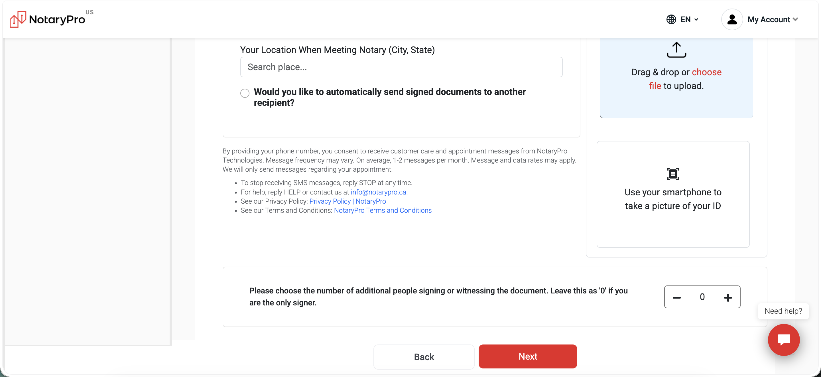 Same step, scrolled: location search, auto-send-to-another-recipient option, additional signers/witnesses counter, ID drag & drop.