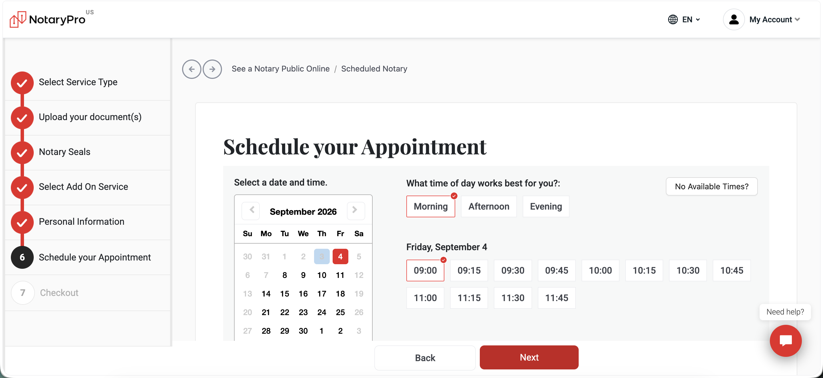 Step 6, Schedule your Appointment: full month calendar (vs. B2C's 5-day quick-pick strip) plus morning/afternoon/evening and a 