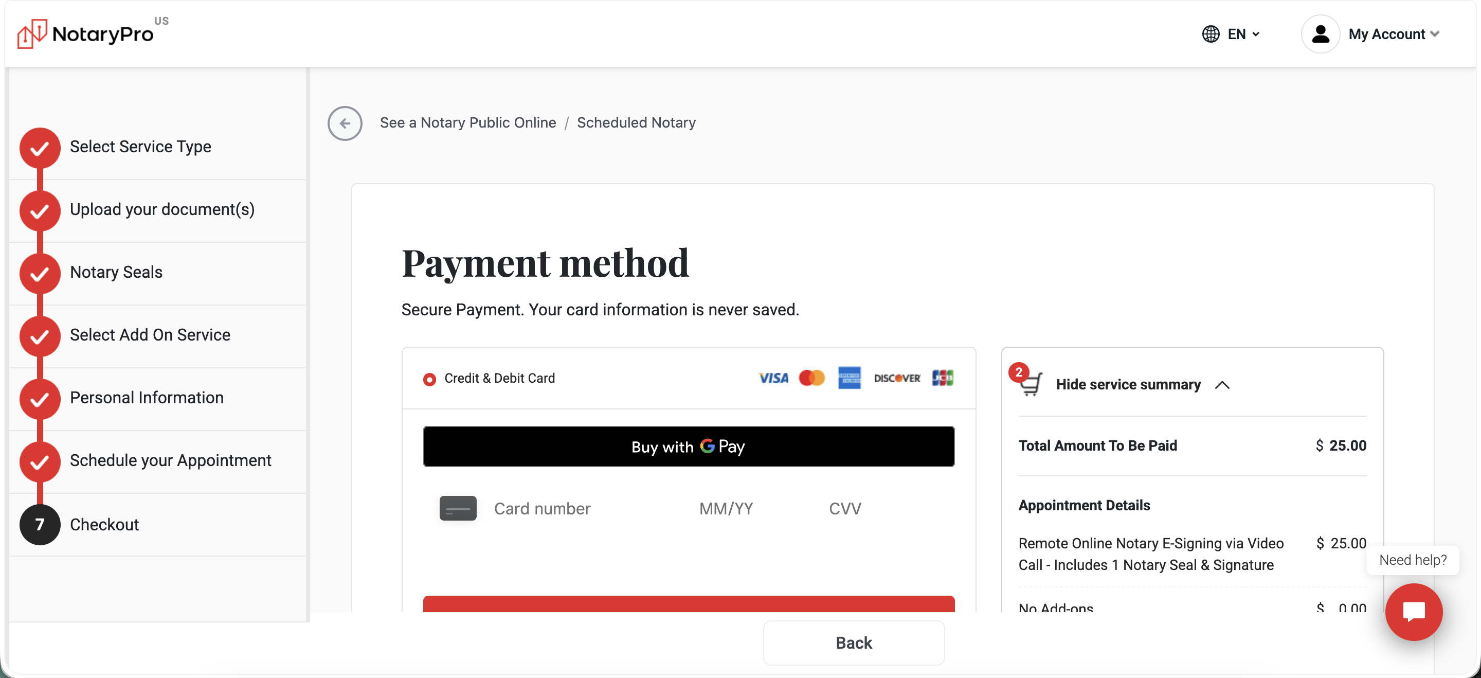 Step 7, Payment method: card or Google Pay, service summary sidebar, same $25 base price as B2C for this service type.