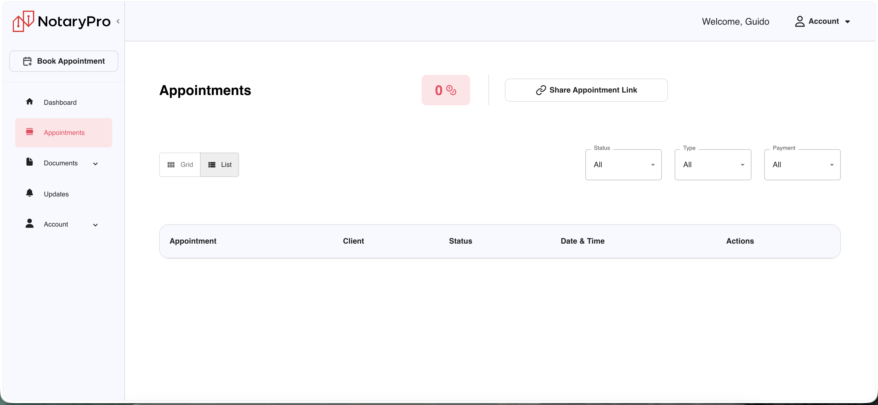 Back in the /tenant dashboard, Appointments page: Grid/List toggle, Status/Type/Payment filters, Share Appointment Link action — that share-link action doesn't exist anywhere in the B2C flow.