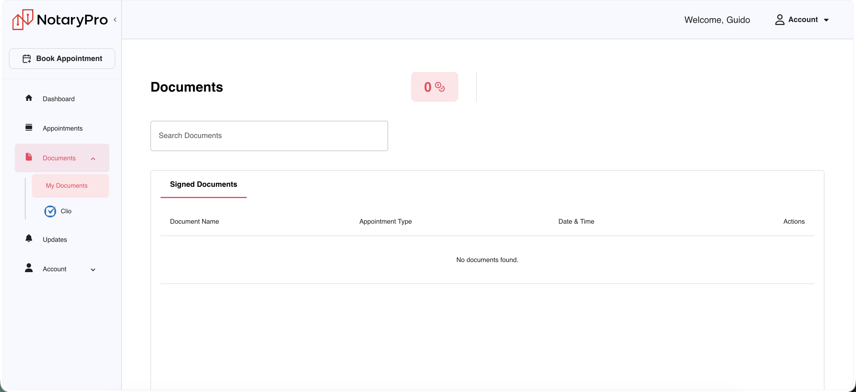 Documents → My Documents: same Signed Documents table pattern as the dashboard tab, empty state.