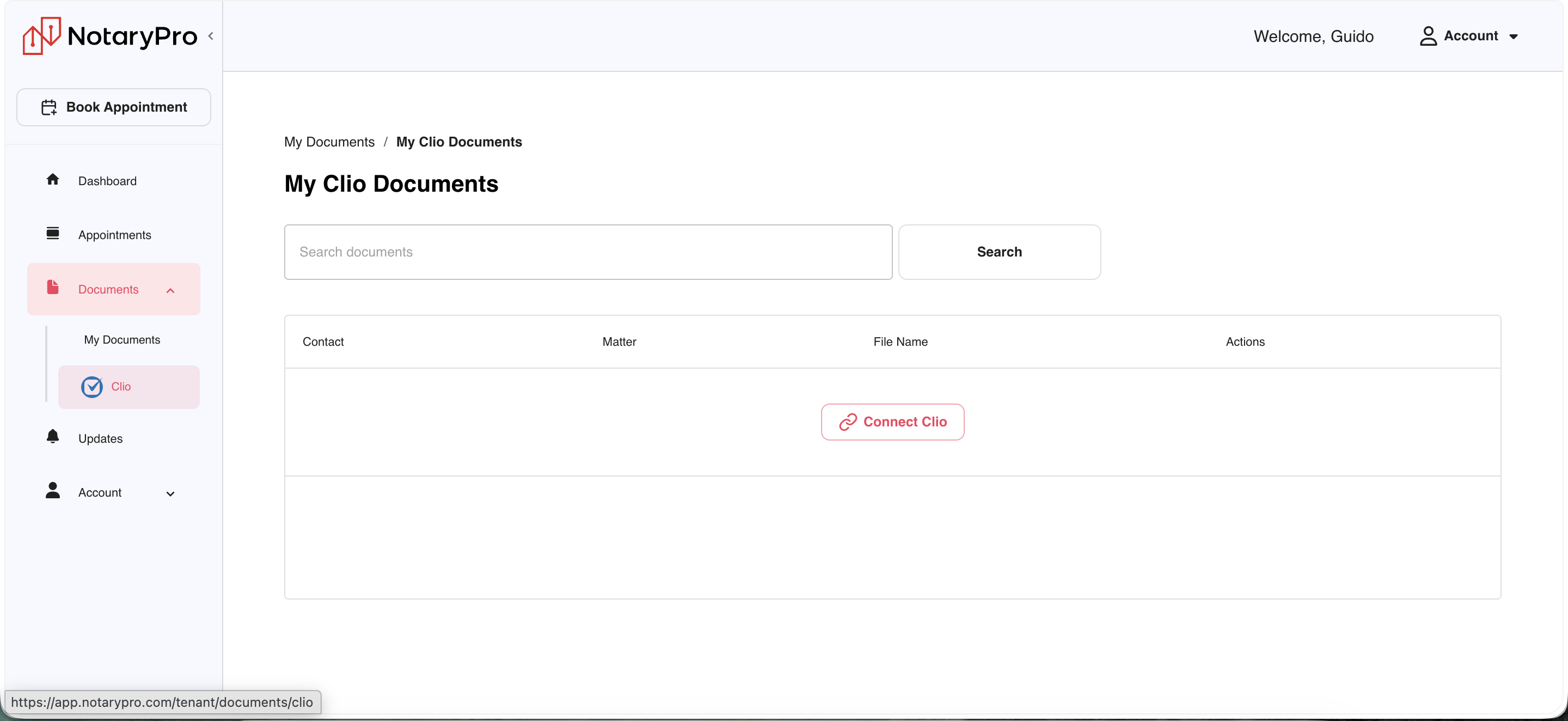 Documents → Clio: Contact/Matter/File Name table with Connect Clio CTA, confirming Clio lives as its own nav item, not just a dashboard tab.