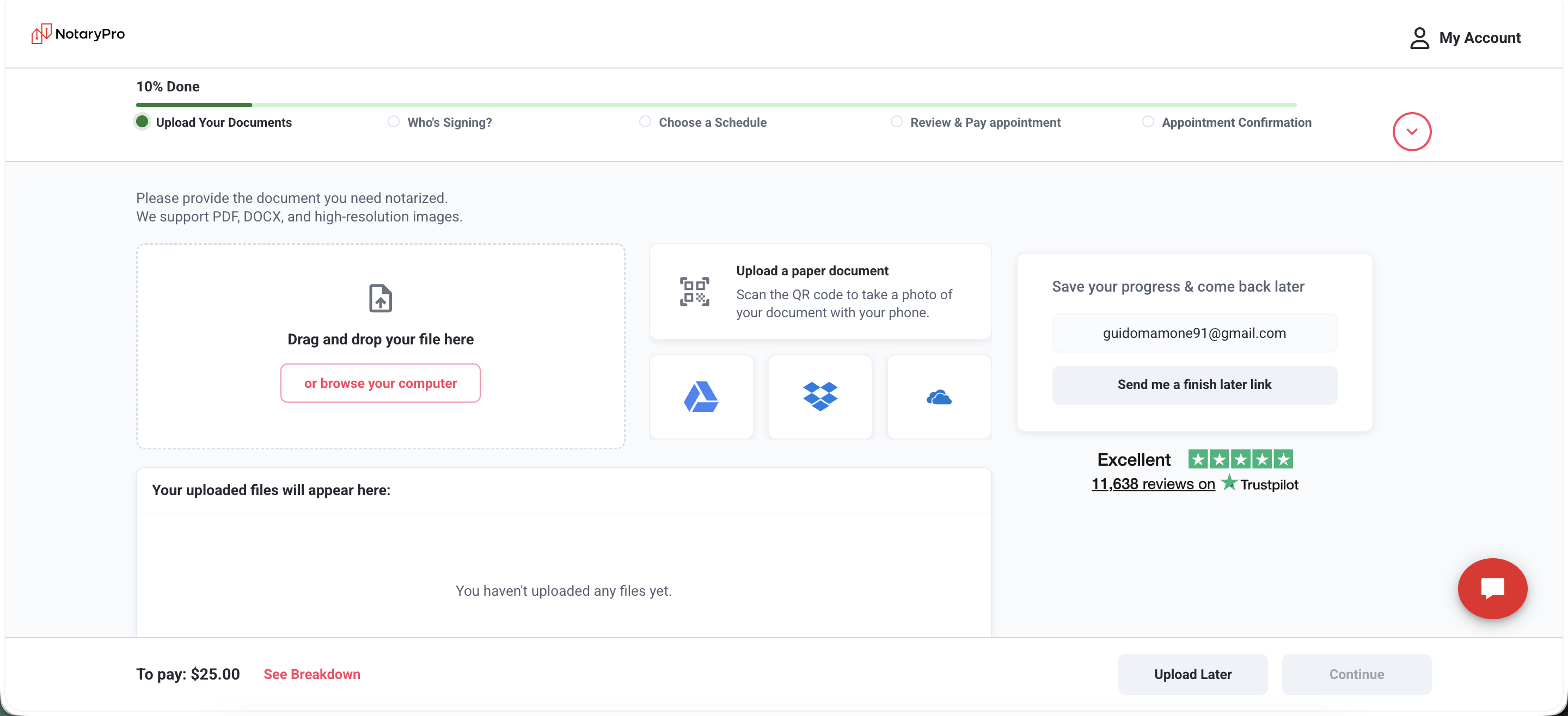 New 5-step progress bar (Upload Your Documents → Who's Signing → Choose a Schedule → Review & Pay → Confirmation) with % complete. Upload step adds a 