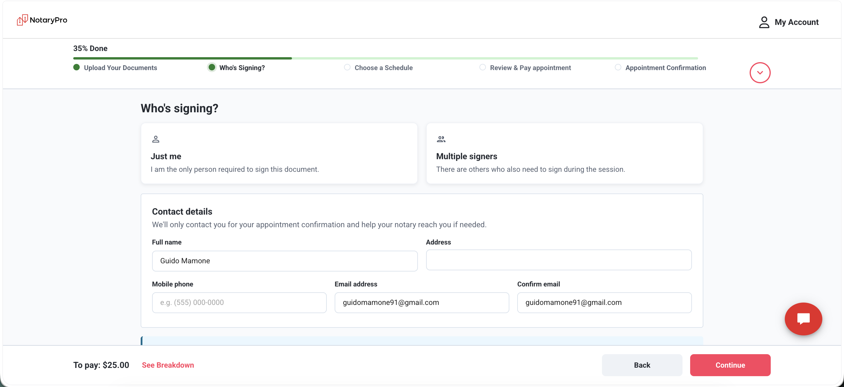 Who's Signing step, 35% done, contact details pre-filled from account.