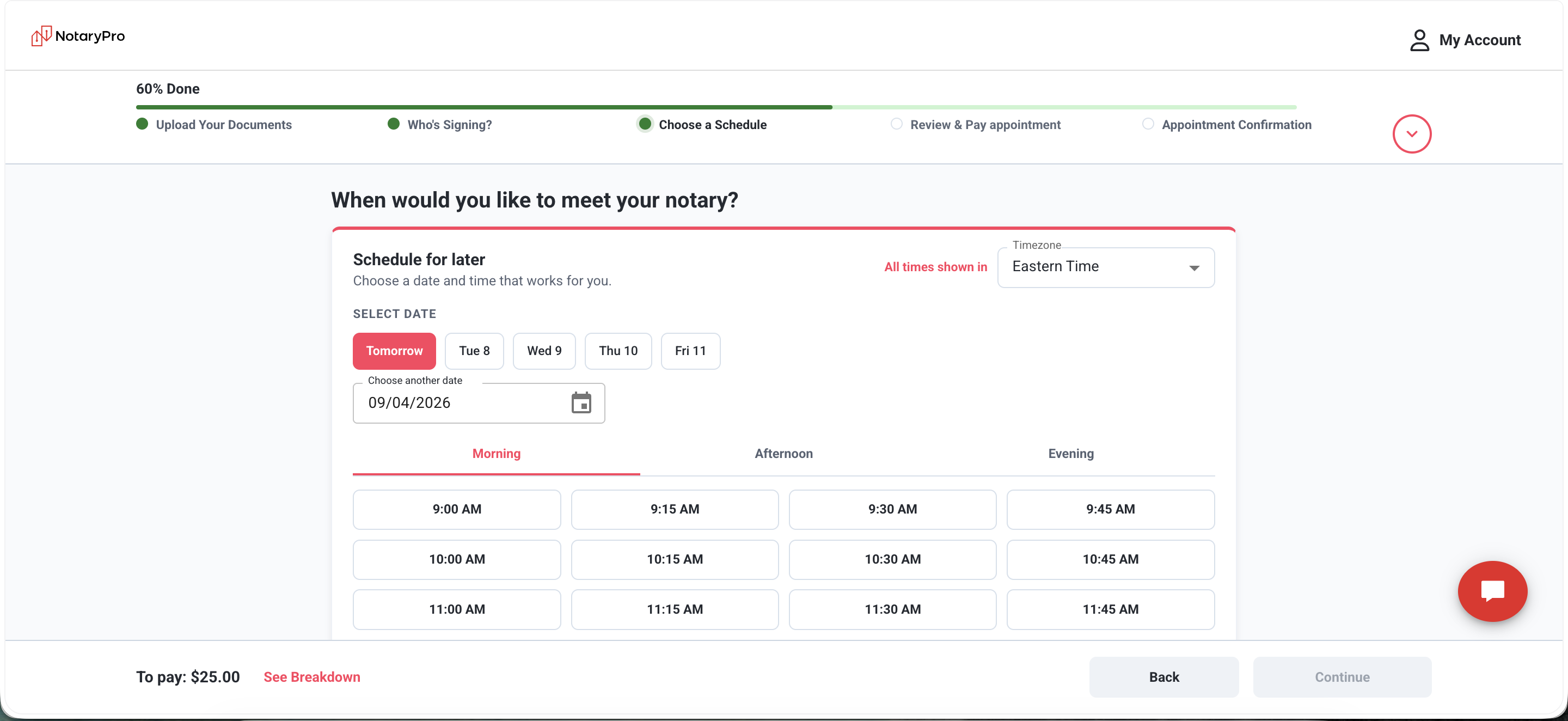 Choose a Schedule step, 60% done, same quick-pick day / morning-afternoon-evening / 15-min slot pattern as before.