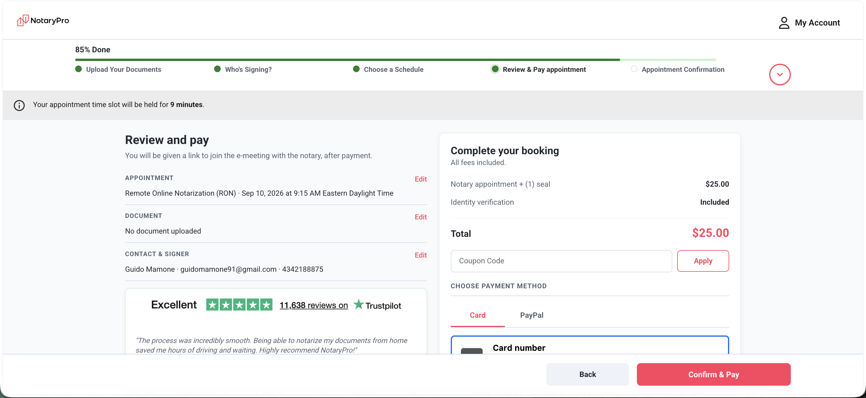 Review & Pay step, 85% done, 9-minute hold, same cost breakdown pattern as before.